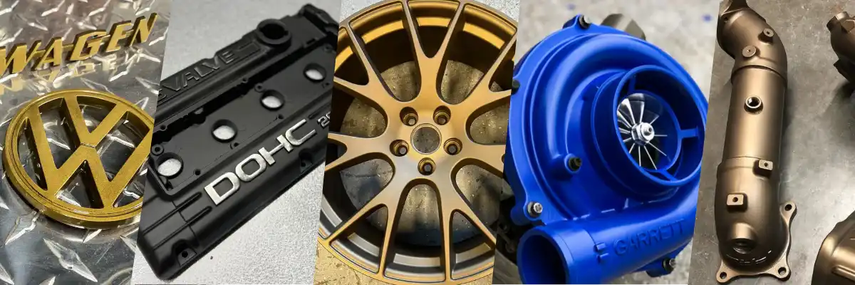 A collection of custom-coated automotive parts.