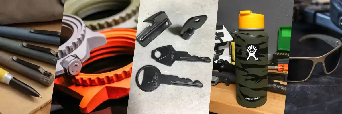 A collage of everyday objects with specialized coatings or finishes.