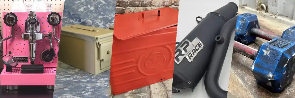A collection of used items for sale including a pink espresso machine, two storage boxes, a black motorcycle exhaust, and two blue dumbbells.