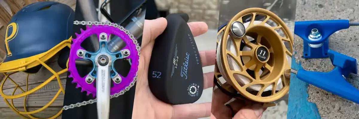 A composite image displaying five distinct sports equipment items: a blue and yellow catcher’s helmet, a purple and blue bicycle chainring with crank arm, a black Titleist golf wedge, a gold fly fishing reel, and two blue skateboard trucks.