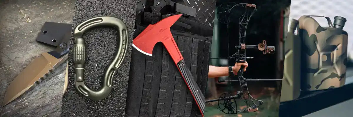 A collage of outdoor and survival gear, including a tactical knife, climbing carabiner, tactical axe, compound bow, and camouflage jerrycan.