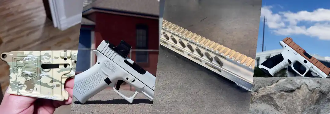 White and black handgun with a camouflage phone case.